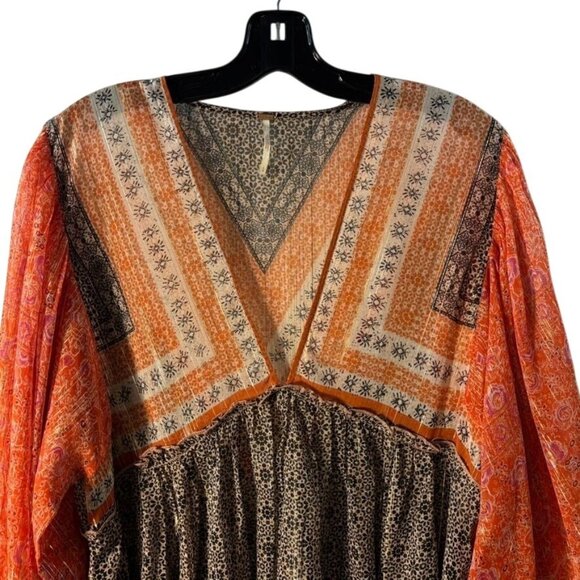 Free People Boho Chic Long-Sleeve Peasant Top With Orange & Black Patterned - Picture 2 of 14